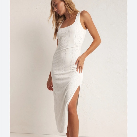 ASOS Cream Ribbed Knit Midi Dress with Thigh High Split - Picture 6 of 6